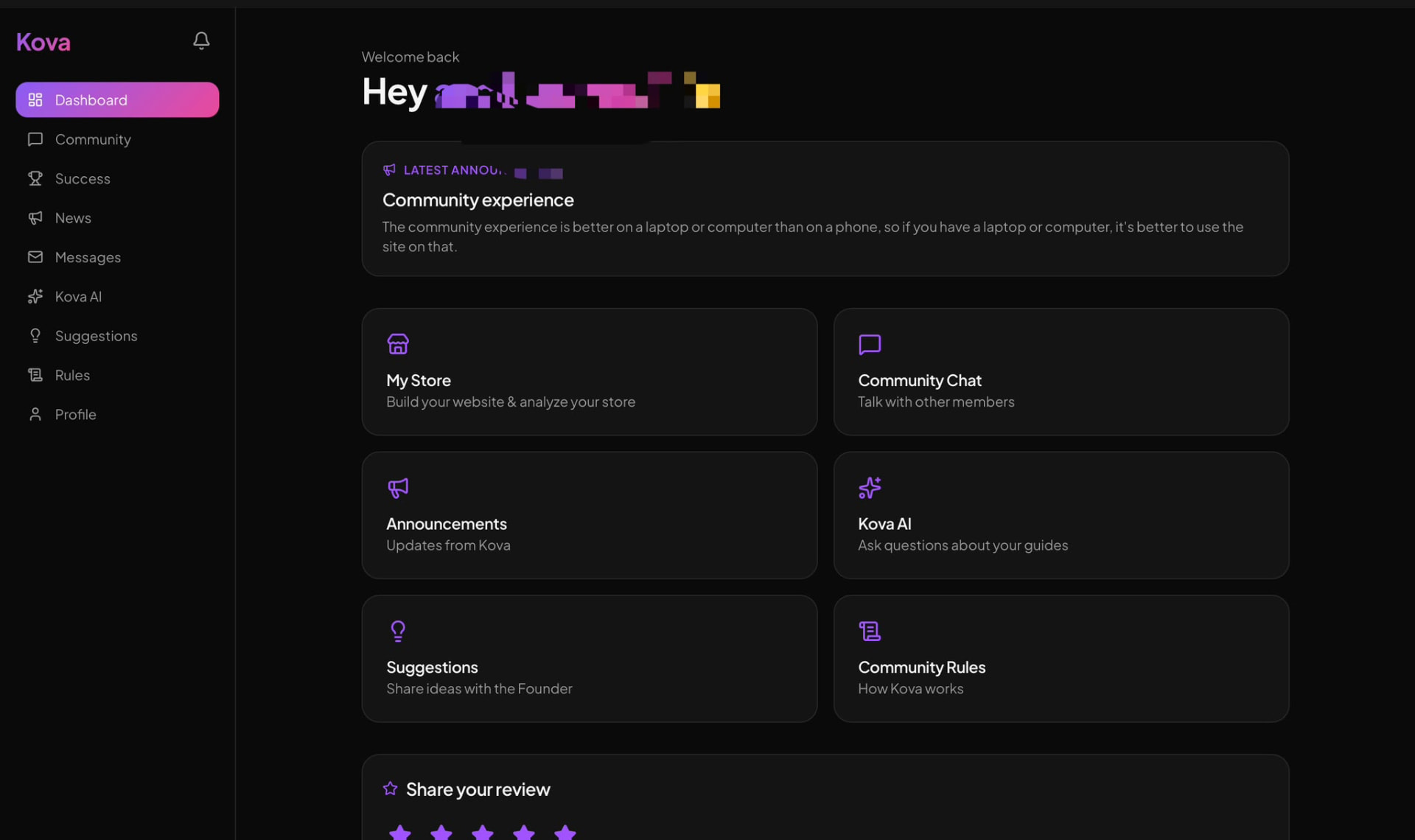 Kova Community member dashboard included with Kova Pass